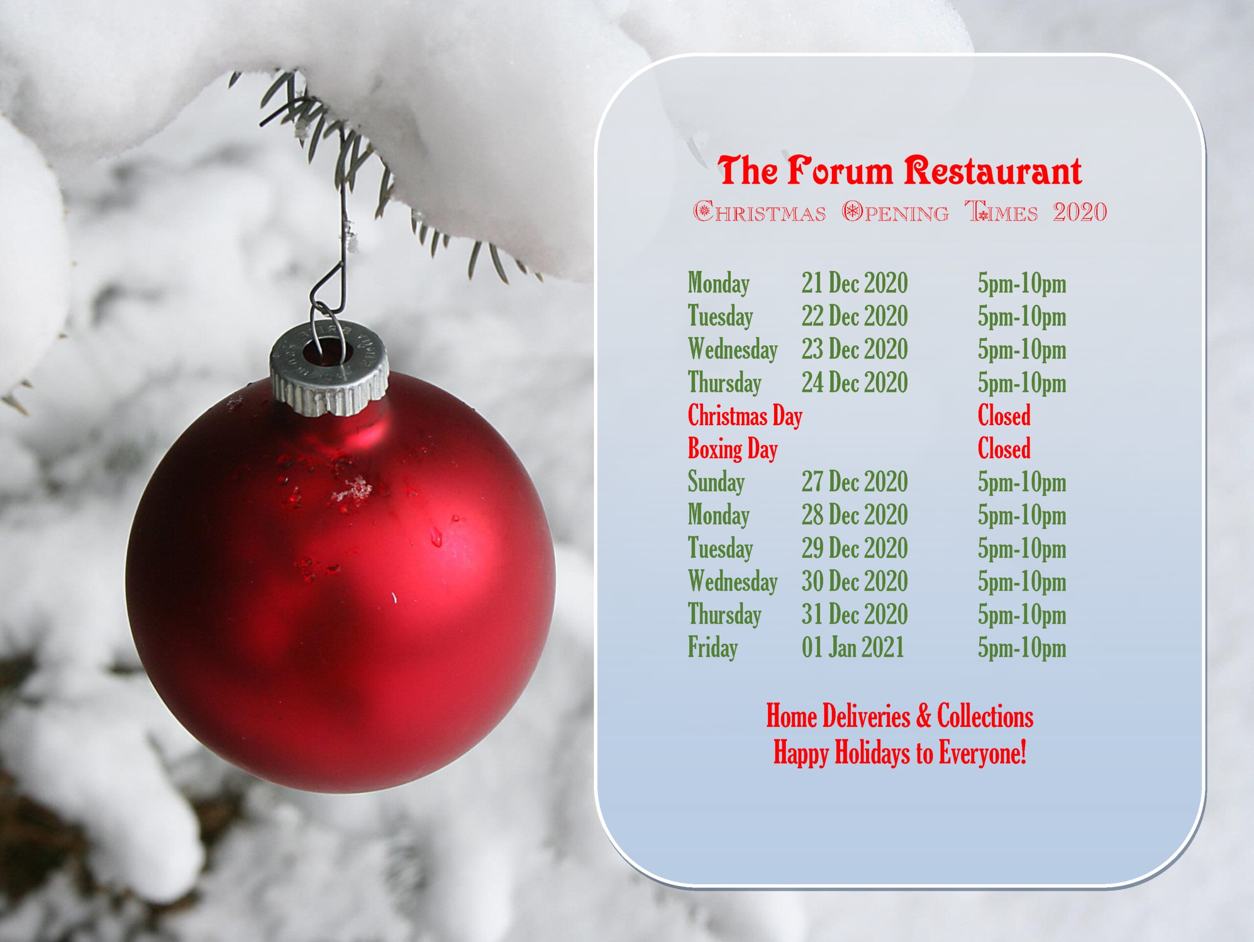 Christmas Opening Times 2020 The Forum Restaurant, Congleton